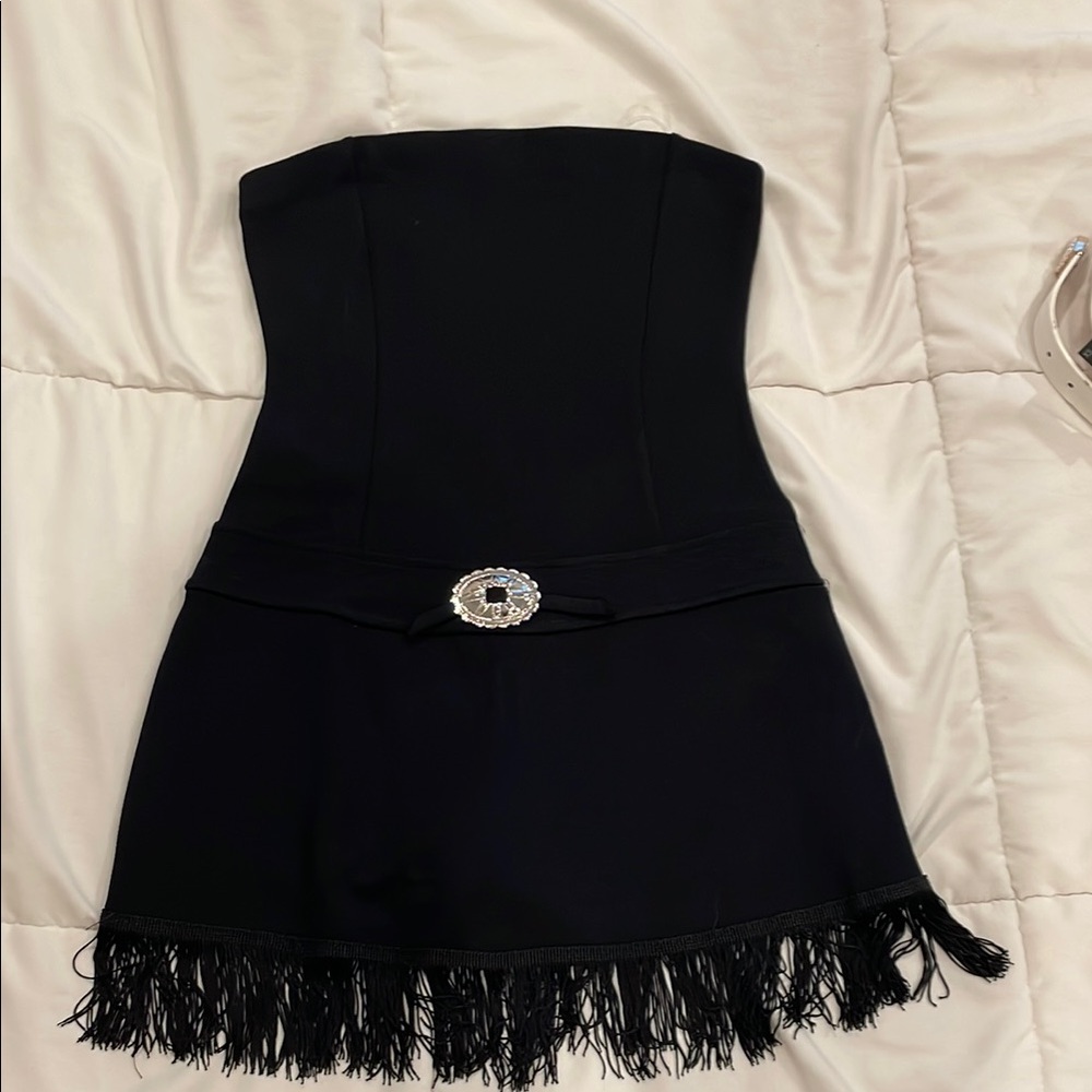 Windsor Black Strapless Fringe Mini Dress with Rhinestone Buckle